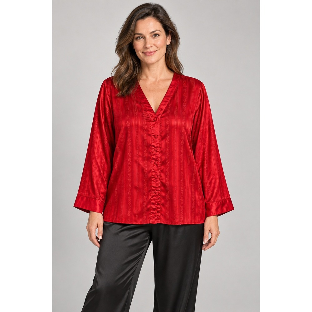 Private Luxuries Pajama Top Womens XXL Red Exc Jacquard Satin V-Neck Blouse